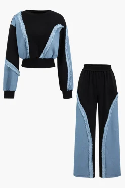 MICAS Pant Sets-Denim Patchwork Long Sleeve Top And Wide Leg Trousers Set BLACK