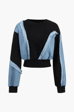 MICAS Pant Sets-Denim Patchwork Long Sleeve Top And Wide Leg Trousers Set BLACK