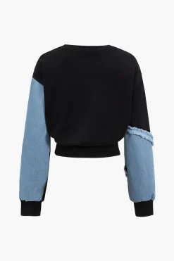 MICAS Pant Sets-Denim Patchwork Long Sleeve Top And Wide Leg Trousers Set BLACK