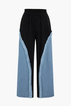 MICAS Pant Sets-Denim Patchwork Long Sleeve Top And Wide Leg Trousers Set BLACK