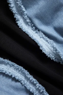 MICAS Pant Sets-Denim Patchwork Long Sleeve Top And Wide Leg Trousers Set BLACK