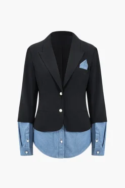MICAS Outerwear|Outerwear-Denim Patchwork Notched Lapel Blazer BLACK