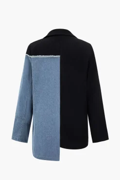 MICAS Outerwear|Blazers-Denim Patchwork Notched Lapel Blazer BLACK
