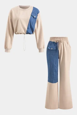 MICAS Pant Sets-Denim Patchwork Pocket Drawstring Top And Trousers Set TAN