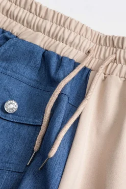 MICAS Pant Sets-Denim Patchwork Pocket Drawstring Top And Trousers Set TAN