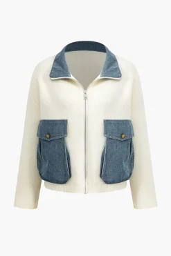 MICAS Outerwear|Outerwear-Denim Patchwork Pocket Sweater Cardigan