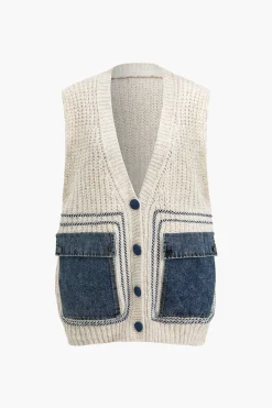 MICAS Knit Tops-Denim Patchwork Pocket Sweater Vest