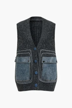 MICAS Knit Tops-Denim Patchwork Pocket Sweater Vest