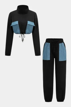 MICAS Pant Sets-Denim Patchwork Pocket Tie-Up Top And Trousers Set BLACK