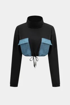 MICAS Pant Sets-Denim Patchwork Pocket Tie-Up Top And Trousers Set BLACK