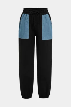 MICAS Pant Sets-Denim Patchwork Pocket Tie-Up Top And Trousers Set BLACK