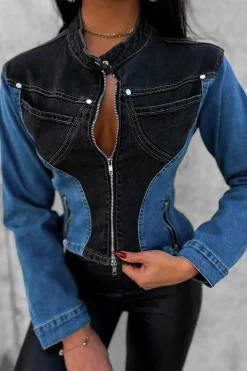 MICAS Outerwear|Outerwear-Denim Patchwork Pocket Zipper Outerwear DARK WASH BLUE