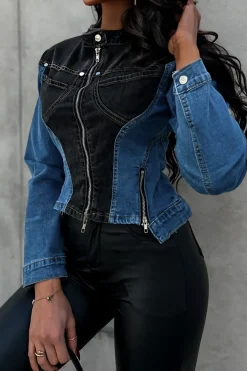 MICAS Outerwear|Outerwear-Denim Patchwork Pocket Zipper Outerwear DARK WASH BLUE