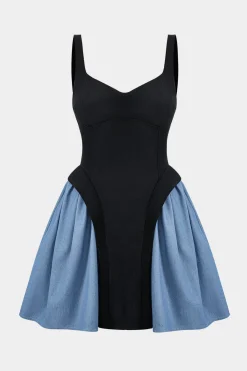 MICAS Mini Dresses-Denim Patchwork Ruched Sleeveless Mini Dress BLACK