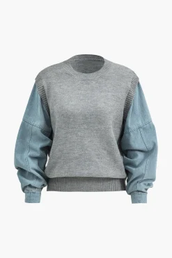 MICAS Knitwear|Knit Tops-Denim Patchwork Sweater Long-Sleeve Top GRAY