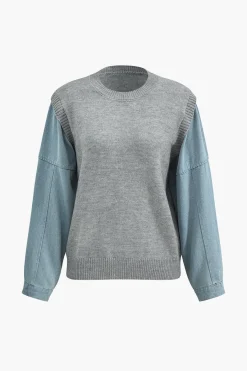 MICAS Knitwear|Knit Tops-Denim Patchwork Sweater Long-Sleeve Top GRAY