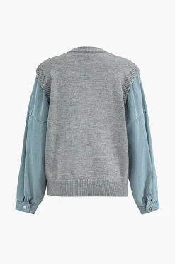 MICAS Knitwear|Knit Tops-Denim Patchwork Sweater Long-Sleeve Top GRAY