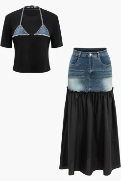 MICAS Skirt Sets-Denim Patchwork T-shirt And Skirt Set NAVY