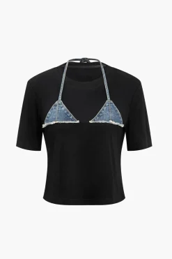 MICAS Skirt Sets-Denim Patchwork T-shirt And Skirt Set NAVY