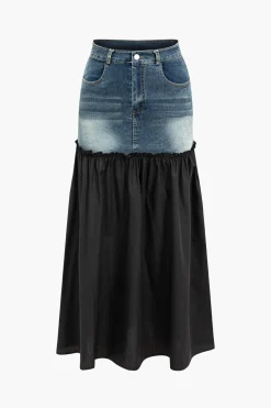MICAS Skirt Sets-Denim Patchwork T-shirt And Skirt Set NAVY