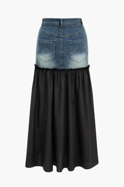 MICAS Skirt Sets-Denim Patchwork T-shirt And Skirt Set NAVY