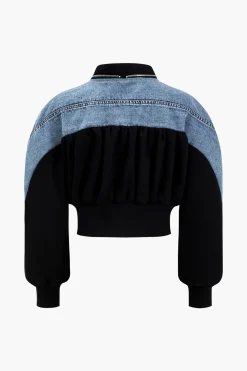 MICAS Outerwear|Outerwear-Denim Patchwork Zipper Jacket BLACK