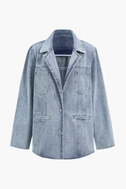 MICAS Outerwear|Outerwear-Denim Pocket Buttons Long Sleeve Outerwear LIGHT WASH BLUE