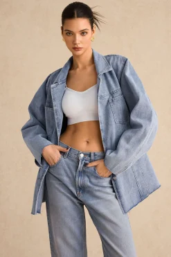 MICAS Outerwear|Outerwear-Denim Pocket Buttons Long Sleeve Outerwear LIGHT WASH BLUE