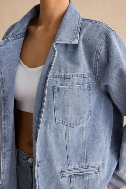 MICAS Outerwear|Outerwear-Denim Pocket Buttons Long Sleeve Outerwear LIGHT WASH BLUE