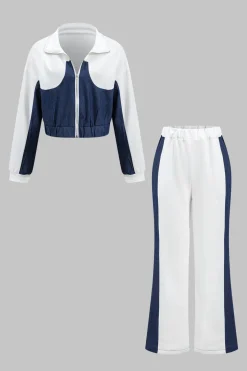 MICAS Pant Sets-Denim Zipper Patchwork Jacket And Trousers Set