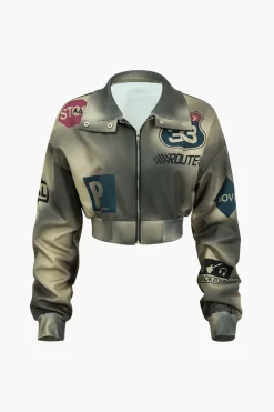 MICAS Skirt Sets-Digital Pattern Ombre Letter Print Button Metallic Zipper Top And Skirt Set KHAKI