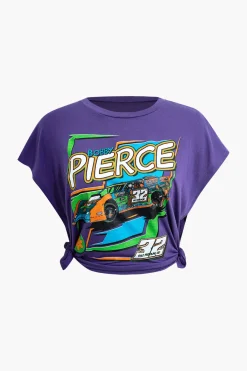 MICAS T-Shirts-Digital Pattern Print Racing Car Knotted Round Neck T-Shirt PURPLE