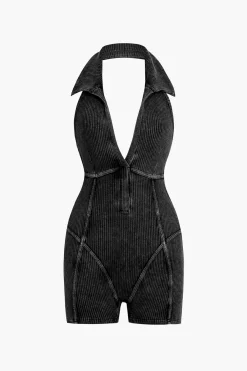 MICAS Jumpsuits & Rompers-Distressed Backless Halter V-neck Romper
