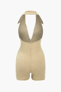 MICAS Jumpsuits & Rompers-Distressed Backless Halter V-neck Romper