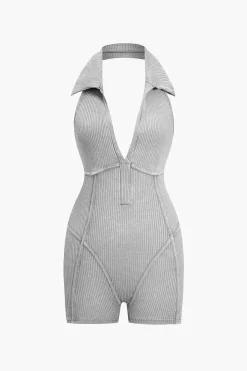 MICAS Jumpsuits & Rompers-Distressed Backless Halter V-neck Romper