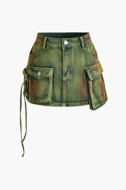 MICAS Skirts-Distressed Flap Pocket Denim Mini Skirt GREEN