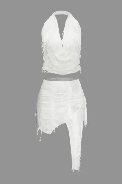 MICAS Skirt Sets|Vacation Sets-Distressed Halter Cami Top And Asymmetrical Mini Skirt Set WHITE