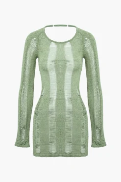 MICAS Knit Dresses-Distressed Ladder Backless Mini Dress LIGHT GREEN