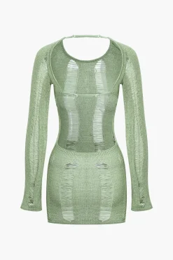 MICAS Knit Dresses-Distressed Ladder Backless Mini Dress LIGHT GREEN