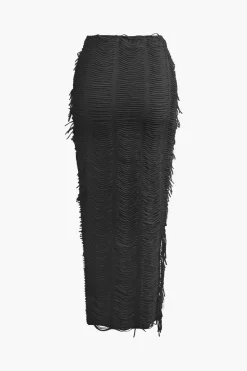 MICAS Vacation Sets|Skirt Sets-Distressed V-neck Cap Sleeve Crop Top And Slit Maxi Skirt Set