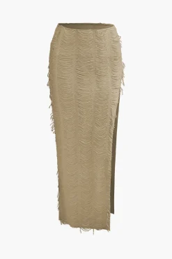 MICAS Vacation Sets|Skirt Sets-Distressed V-neck Cap Sleeve Crop Top And Slit Maxi Skirt Set