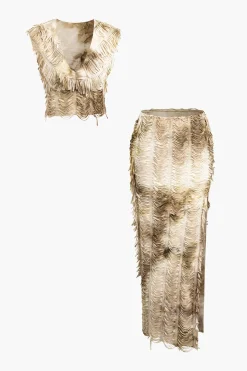 MICAS Vacation Sets|Skirt Sets-Distressed V-neck Cap Sleeve Crop Top And Slit Maxi Skirt Set