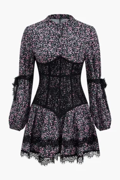 MICAS Long Sleeve Dresses|Mini Dresses-Ditsy Floral Print Lace Trim Corset Long Sleeve Mini Dress