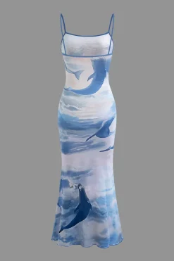 MICAS Maxi Dresses|Midi Dresses-Dolphin Print Mesh Slip Midi Dress BABY BLUE