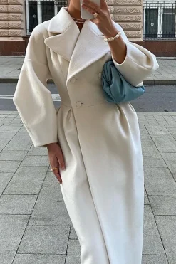 MICAS Outerwear|Outerwear-Double Breasted Long Trench Coat WHITE