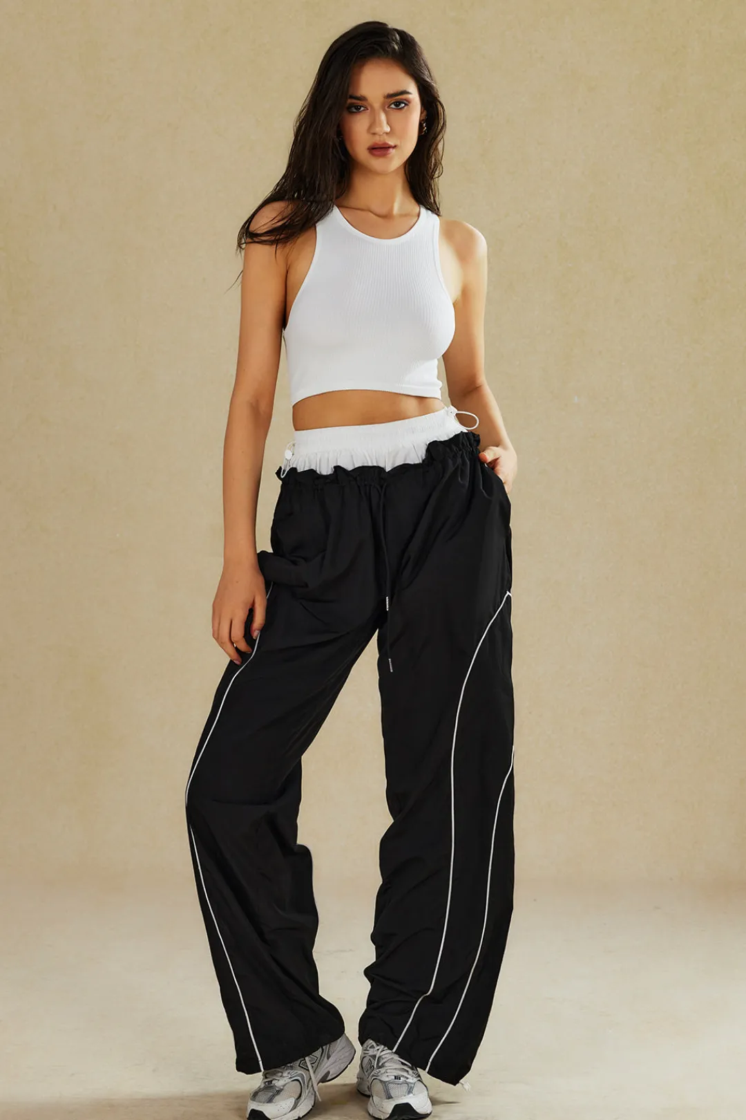 MICAS Pants-Double Waistband Color Block Trousers Contrast Color