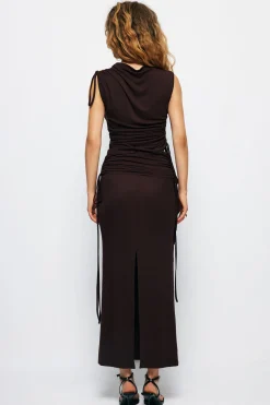 MICAS Skirts-Drawstring Ruched Split Maxi Skirt BROWN