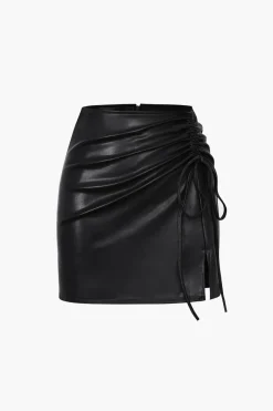 MICAS Skirts-Drawstring Slit Leather Mini Skirt