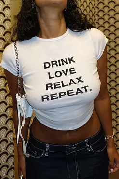 MICAS T-Shirts-DRINK LOVE RELAX REPEAT Letter Print Ruched Cut Out T-shirt
