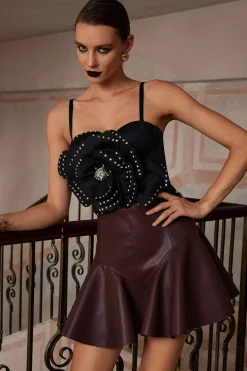 MICAS Corset & Bustier Tops-Embellished Floral Appliqué Bustier Top BLACK